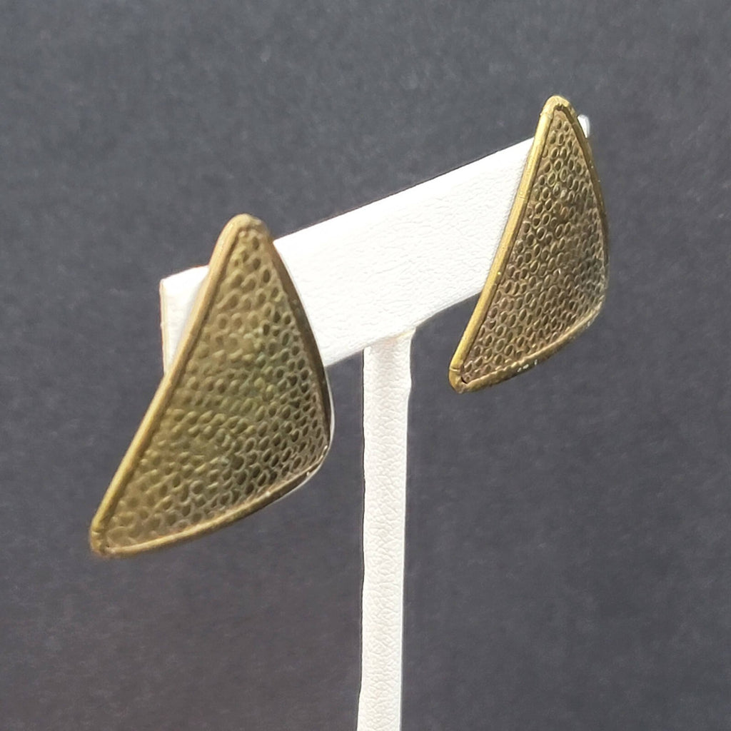 Vintage Pierced Earrings Solid Brass Textured Triangle Drop 1 1/8"