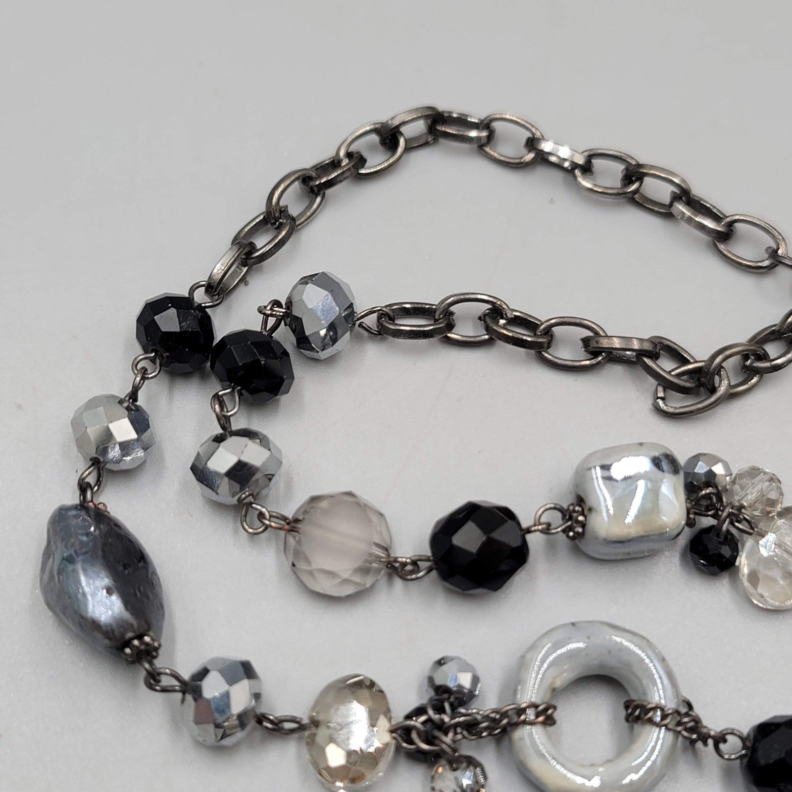 Youmi K Necklace Gunmetal Gray Metal Black Silver tone Beads 32"