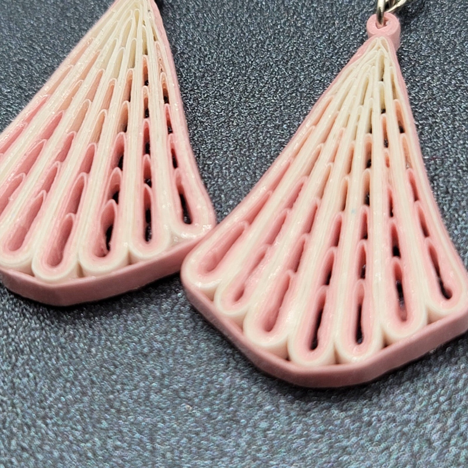 Vintage Pierced Earrings Paper Quilled Pink White Dangle Hand Made 2"