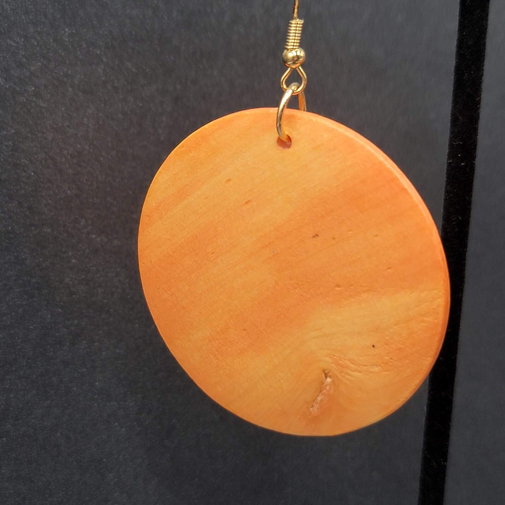 New Boho Pierced Earrings Orange Large Round Wood Disc Dangle 2"