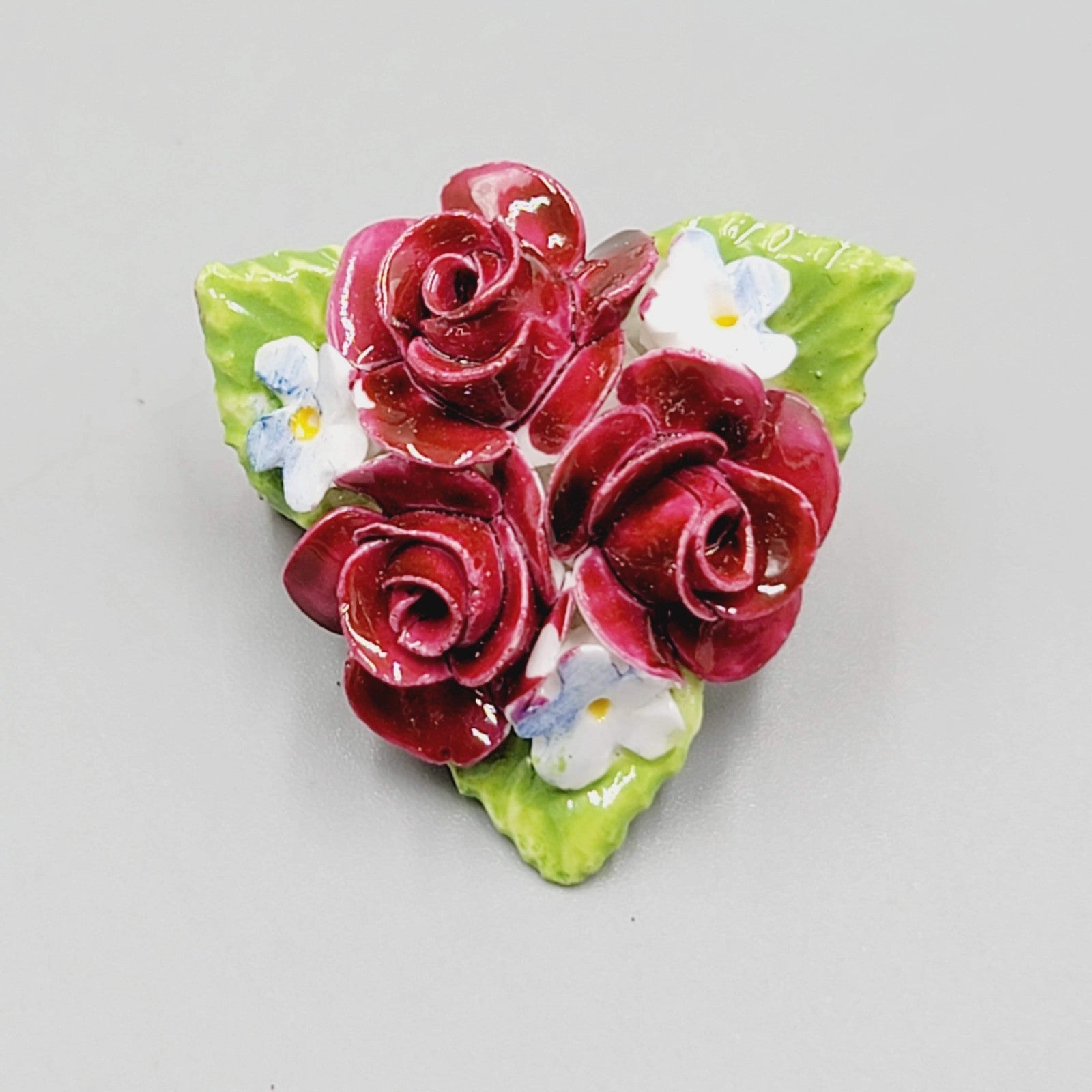 Vintage Coalport Red Roses Brooch England Bone China Flower Pin 1.25"