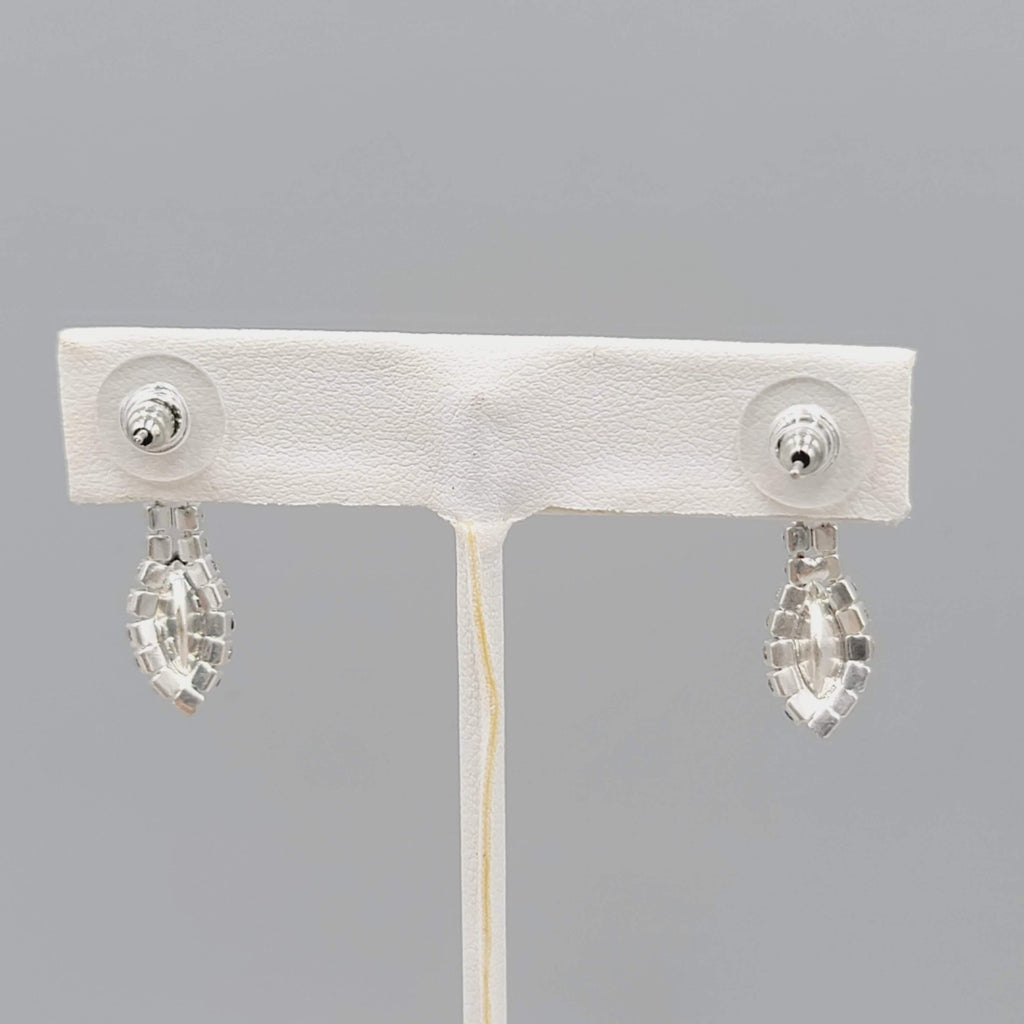 Black Clear Rhinestone Pierced Earrings Silver tone Dangle 1"