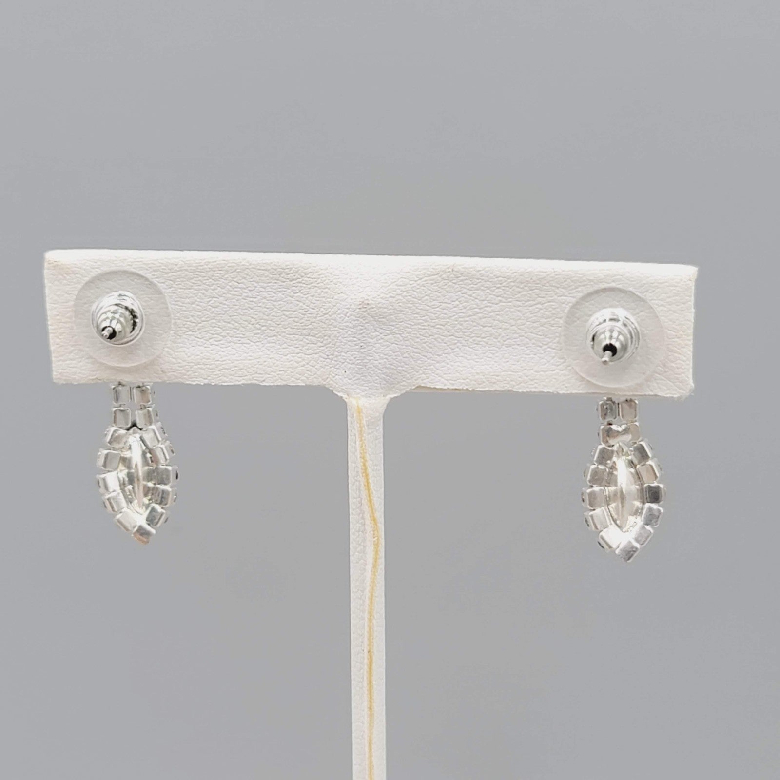 Black Clear Rhinestone Pierced Earrings Silver tone Dangle 1"