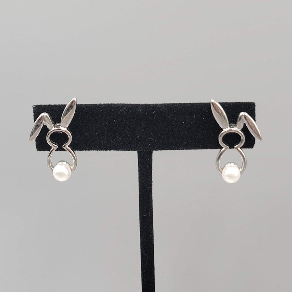 Bunny Rabbit Pierced Earrings Silver tone White Bead Tale Drop 1"