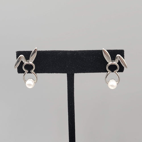Bunny Rabbit Pierced Earrings Silver tone White Bead Tale Drop 1"