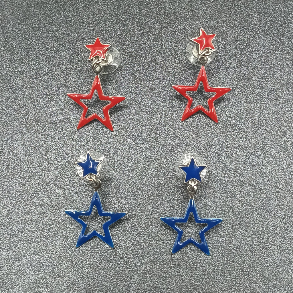Lot of 2 Pairs Pierced Earrings Red Blue Enamel Silver tone Star Dangle 1 1/4"