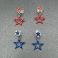 Lot of 2 Pairs Pierced Earrings Red Blue Enamel Silver tone Star Dangle 1 1/4"