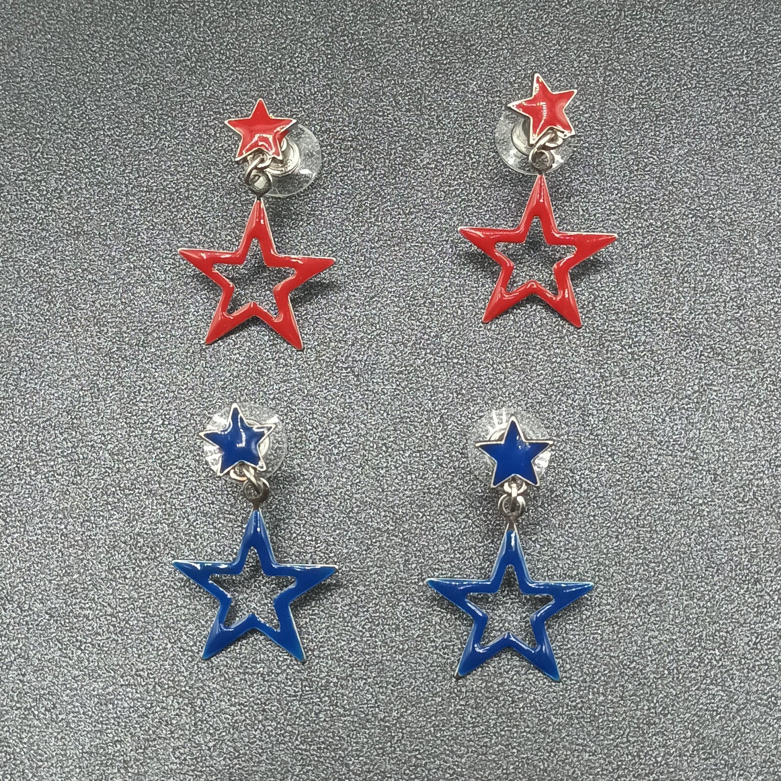 Lot of 2 Pairs Pierced Earrings Red Blue Enamel Silver tone Star Dangle 1 1/4"