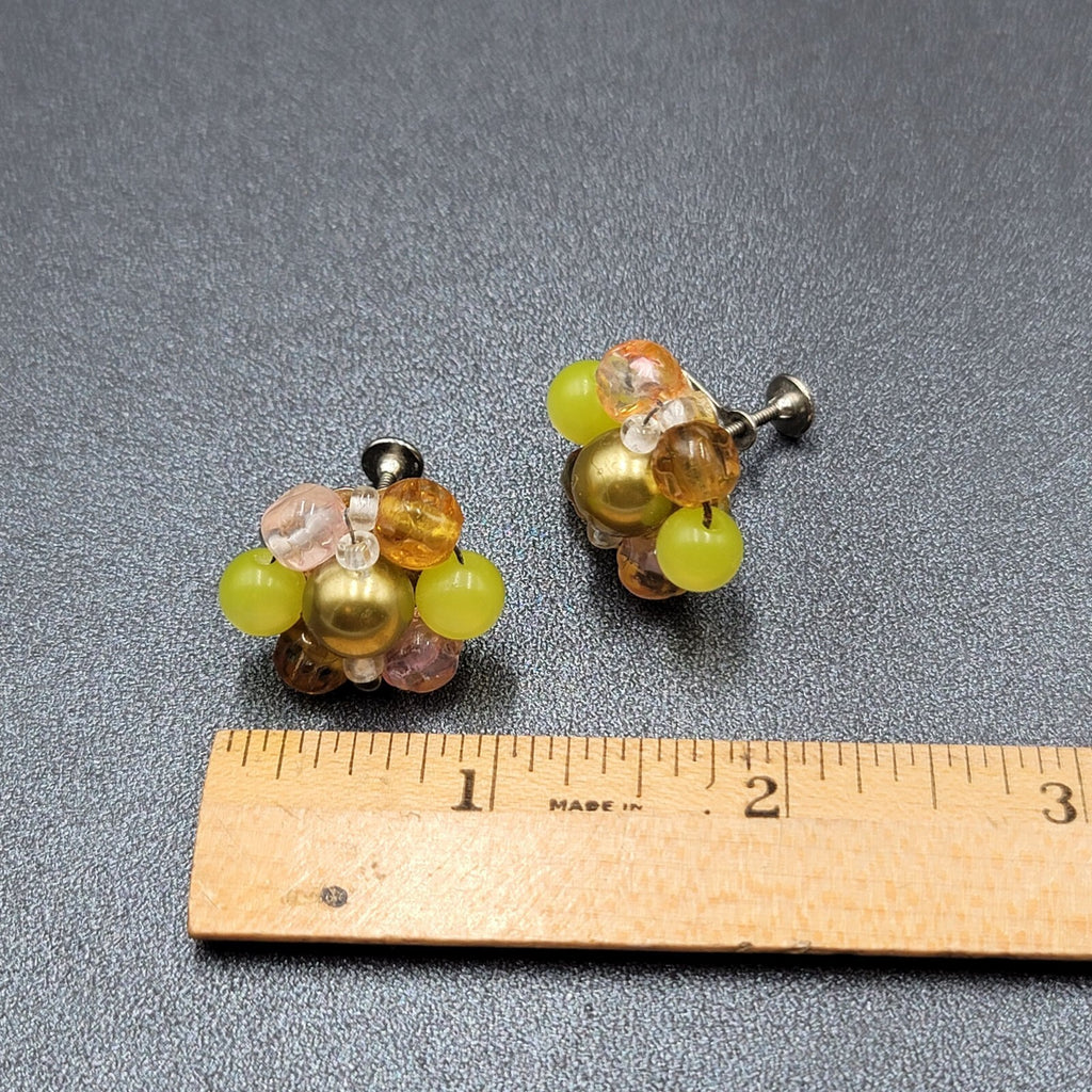 Vintage Clip on Earrings Yellow Green Pink Acrylic Cluster Bead Studs 1"