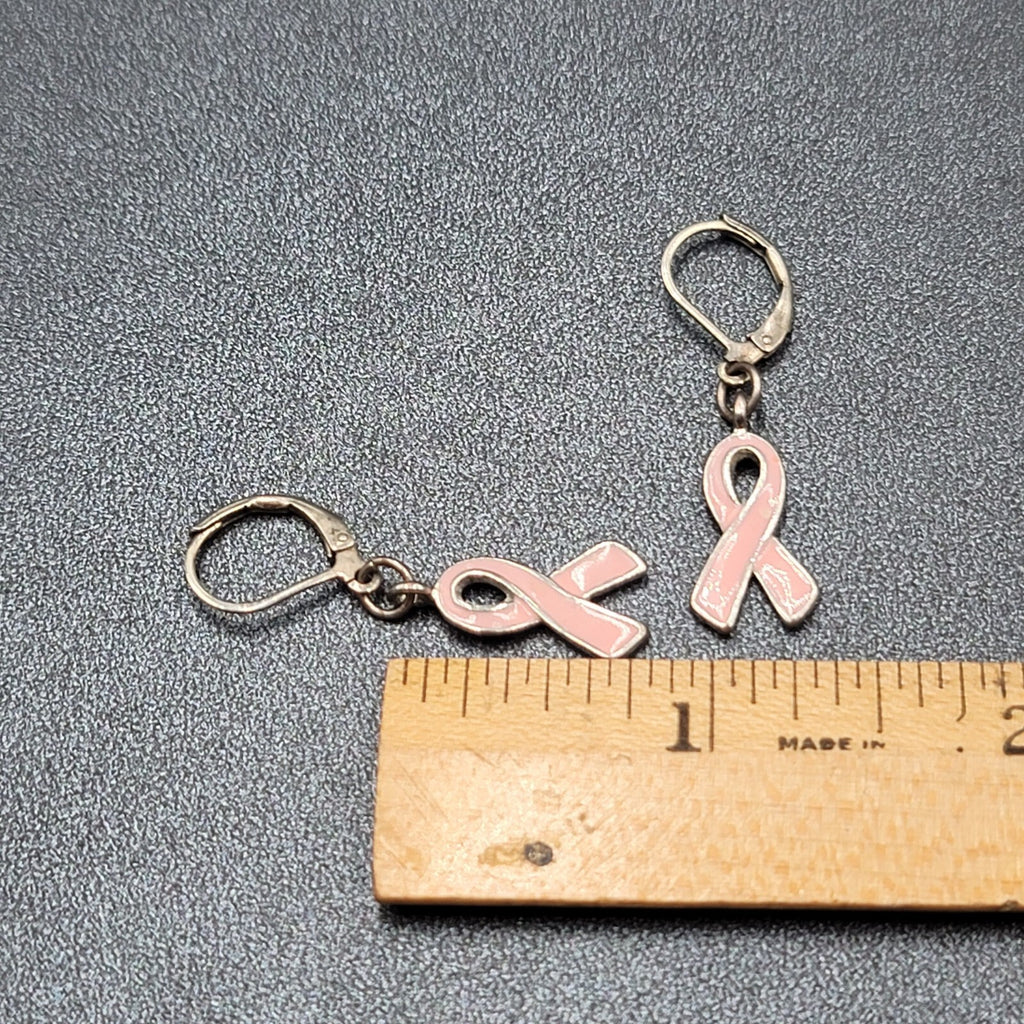 Pierced Earrings Silver tone Pink Enamel Breast Cancer Awareness Ribbon 3/4"
