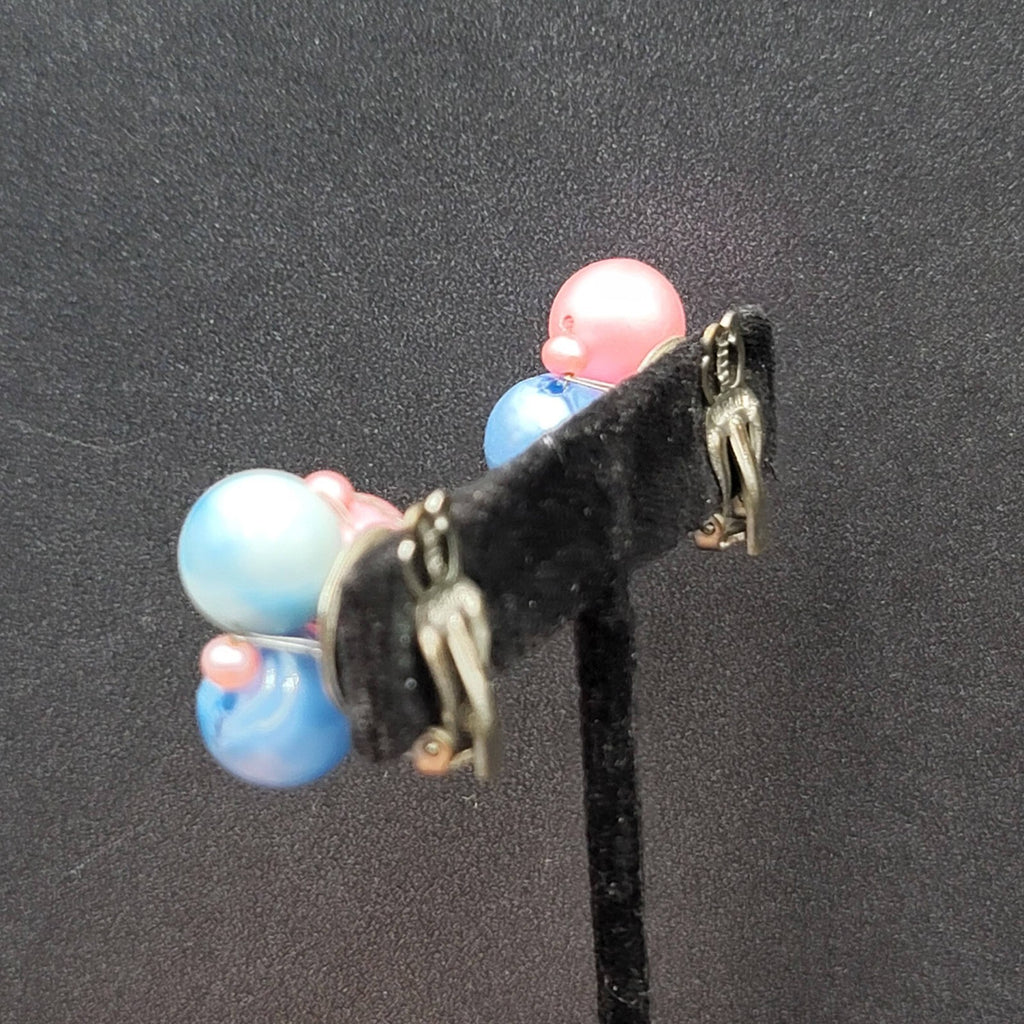 Vintage Clip on Earrings Pink Blue Cluster Beaded Japan 7/8"