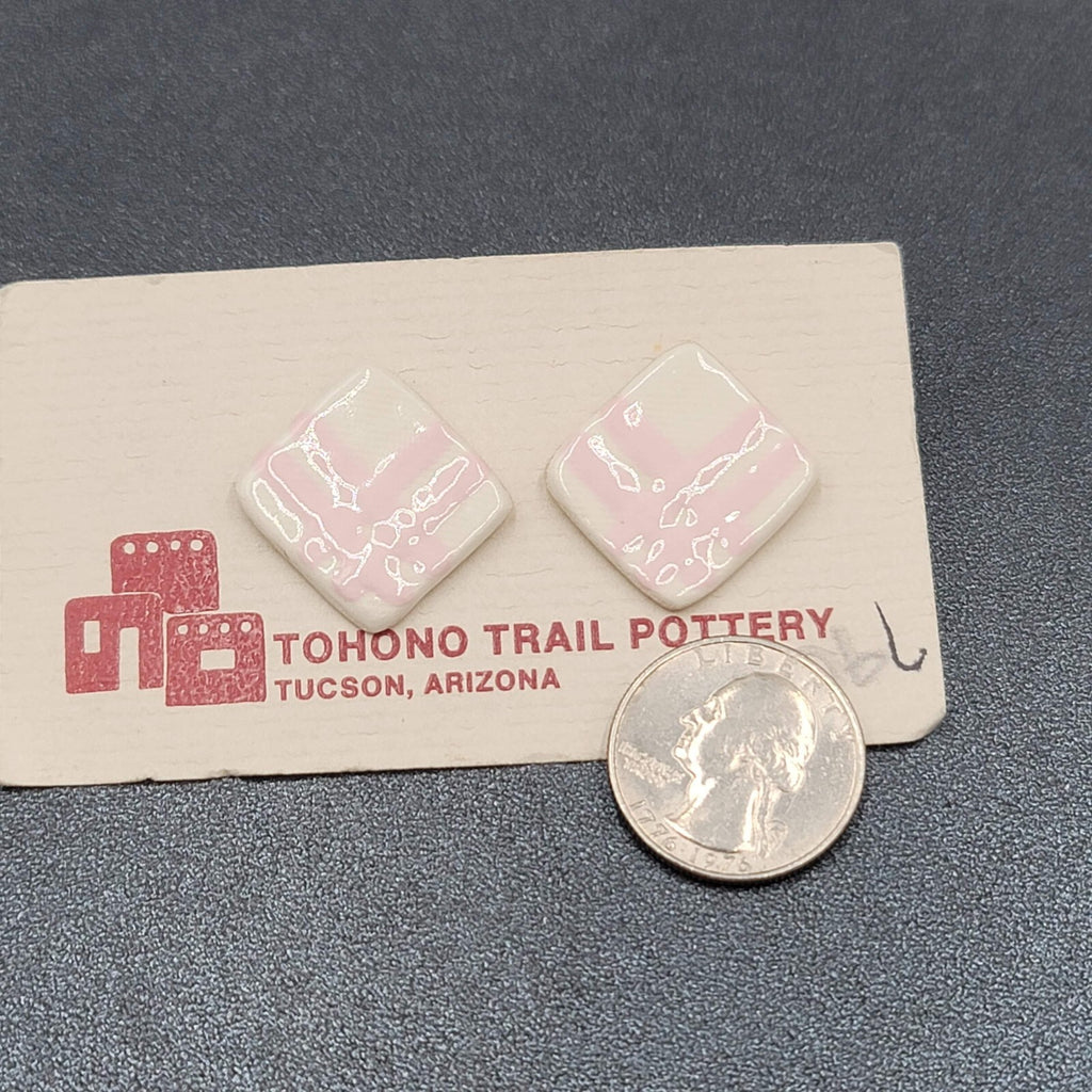 Vintage Tohono Trail Pottery Pierced Earrings Pink White Squares 1"