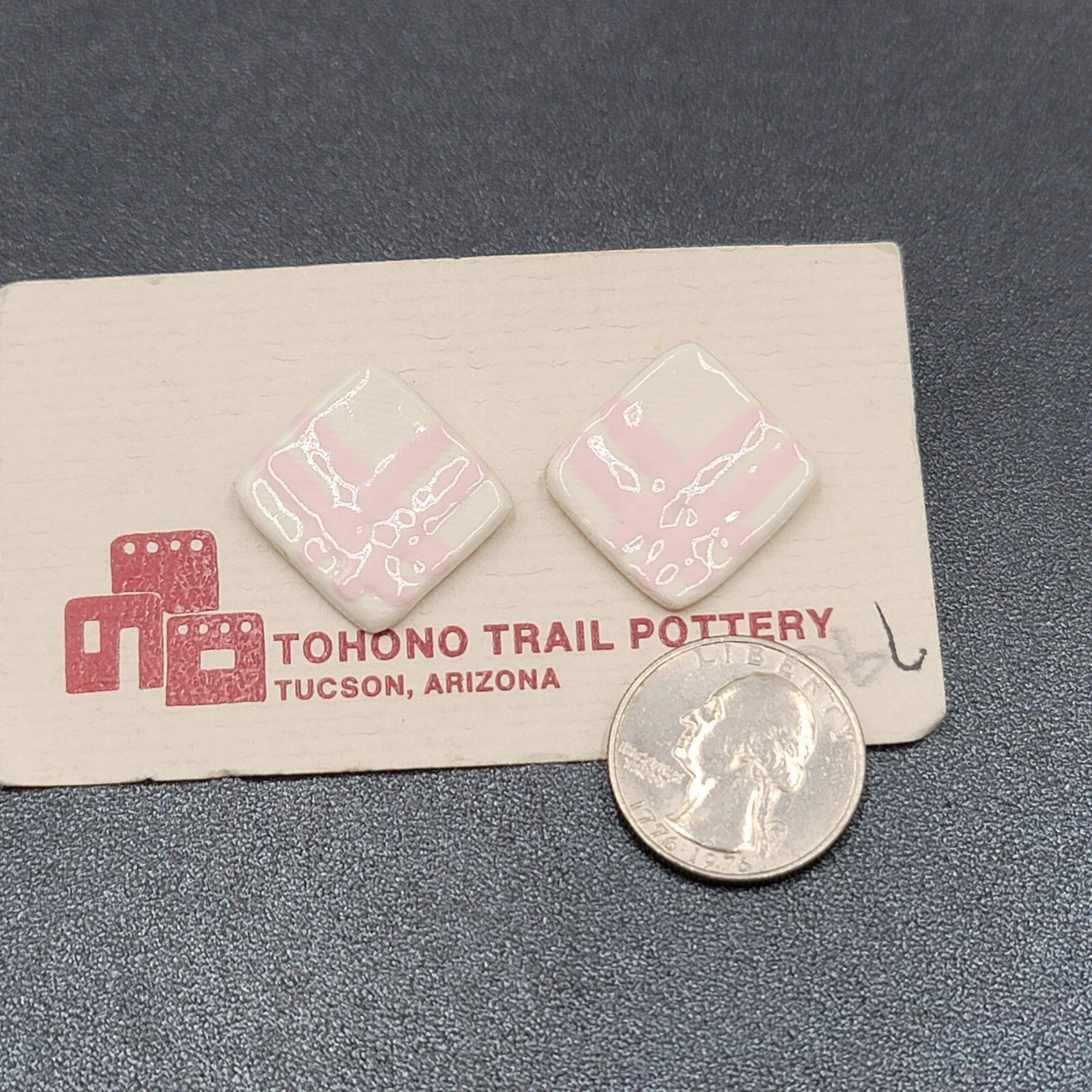 Vintage Tohono Trail Pottery Pierced Earrings Pink White Squares 1"