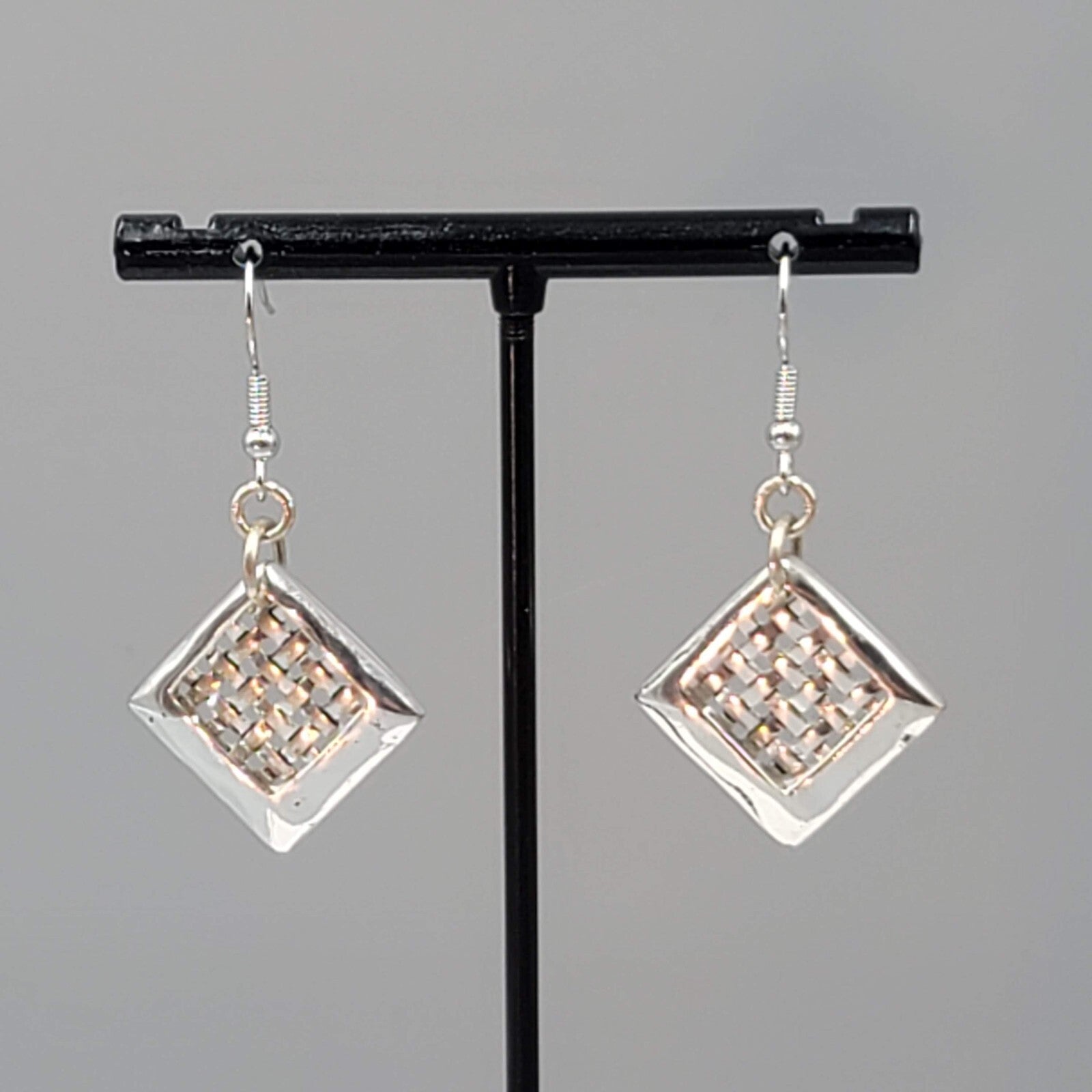 Dangle Square Pierced Earrings Woven Texture Silver tone 1"
