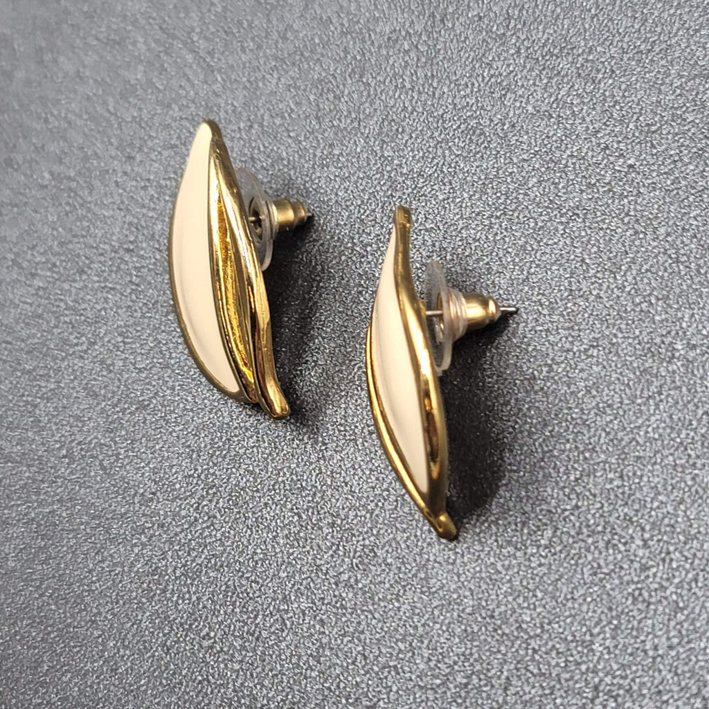 Vintage Pierced Earrings White Enamel Gold Plated Drop 1.25"