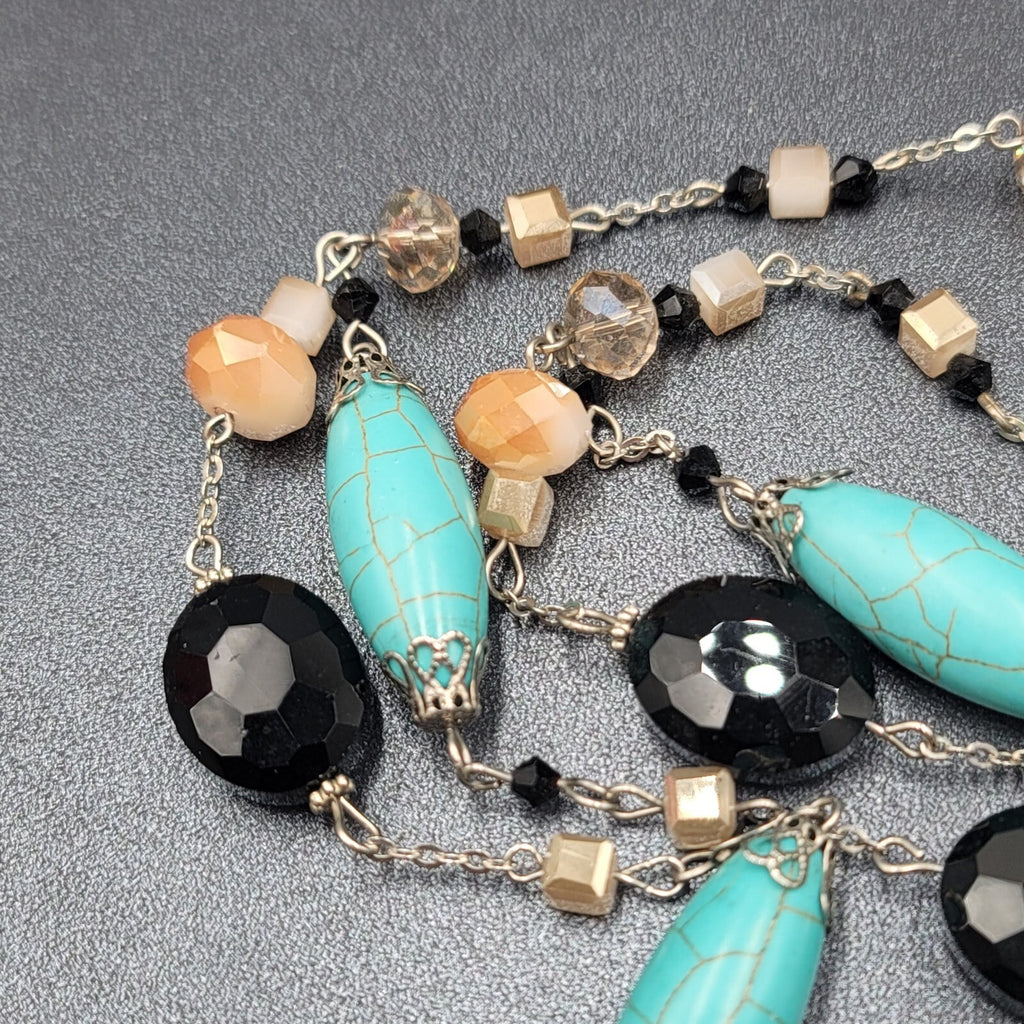 Blue Black White Stone Station Beaded Necklace Silver tone Layered  24"