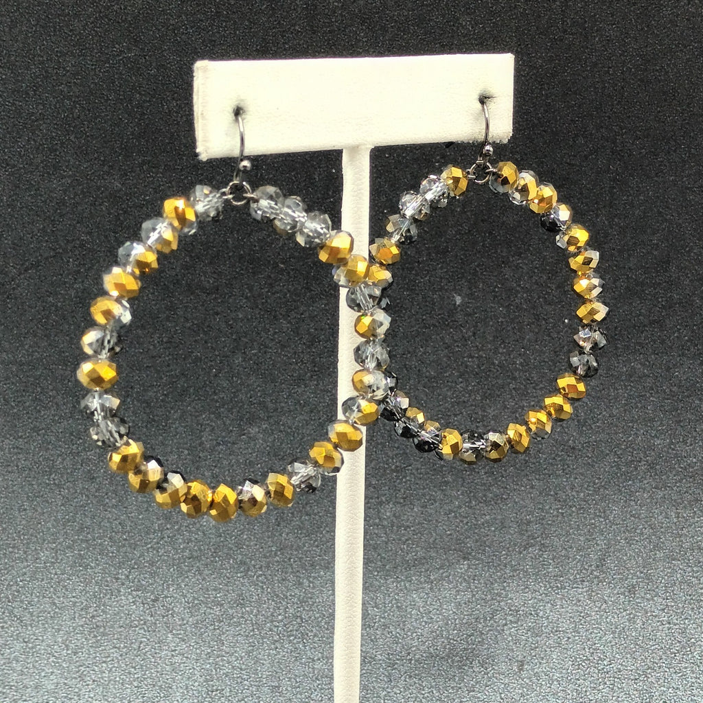 Pierced Earrings Bronze tone Faceted Glass Beaded Hoop Dangle 2"