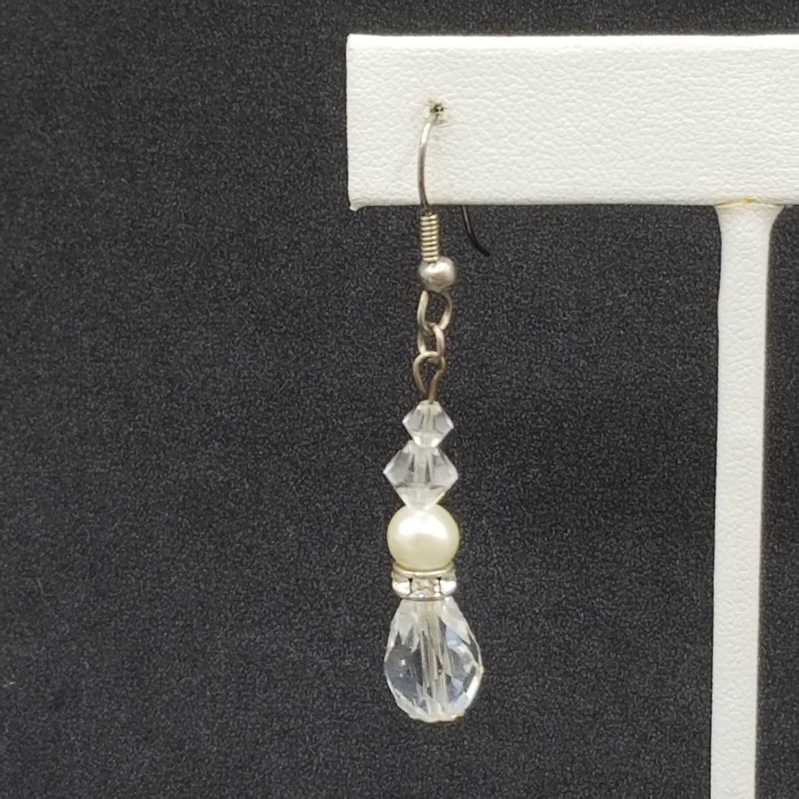 Pierced Earrings Silver tone Faux Pearl Faceted Crystal Bead Dangle 1 1/4"