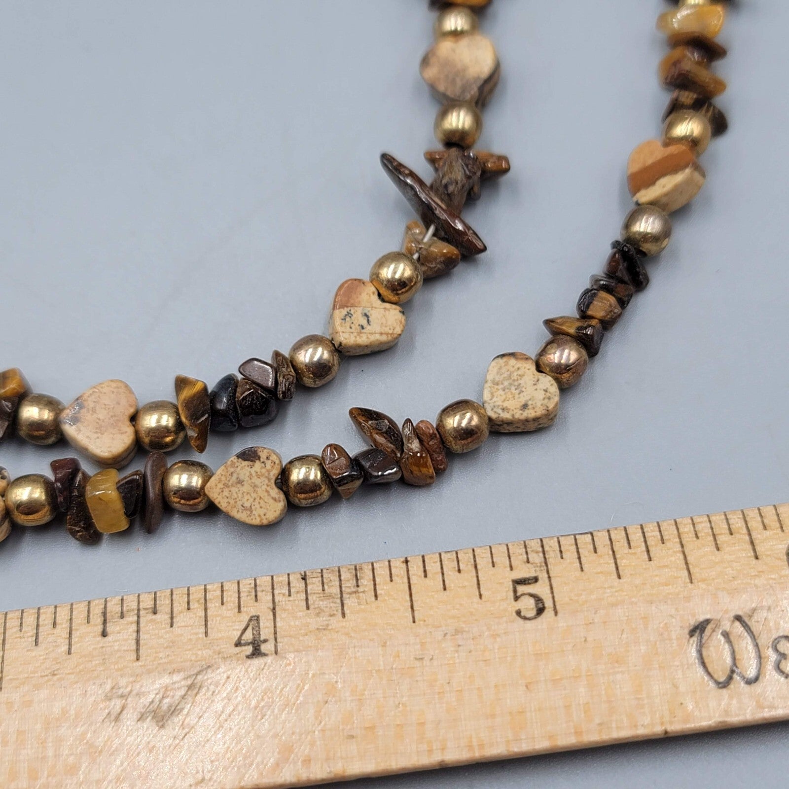 Agate Stone Heart Bead Necklace Gold tone Tigers Eye 18"