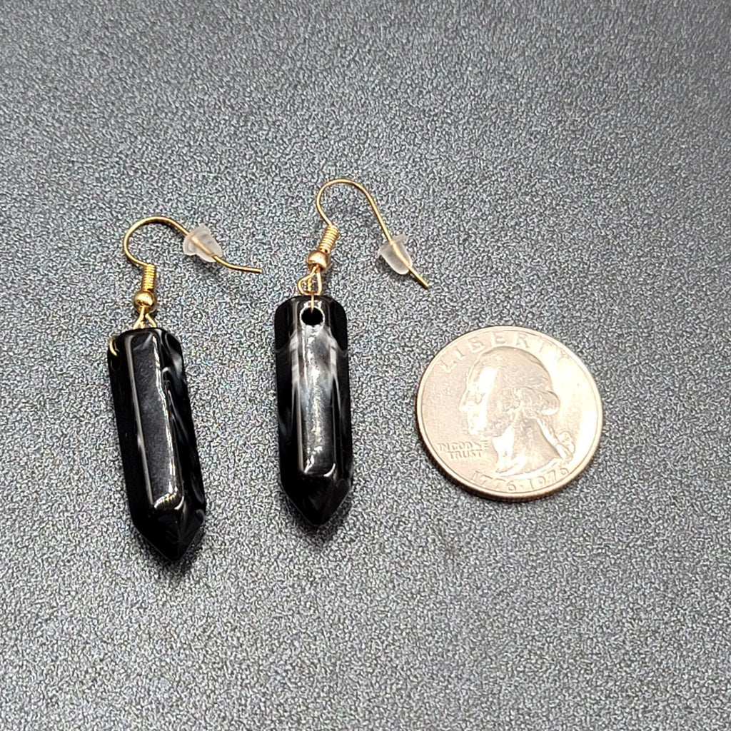 Pierced Earrings Black Marbled Resin Spike Pendulum Dangle Gold tone Hook 1.25"