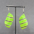Pierced Earrings Silver tone Green Shell Hand Painted Dangle Acrylic 2.25"