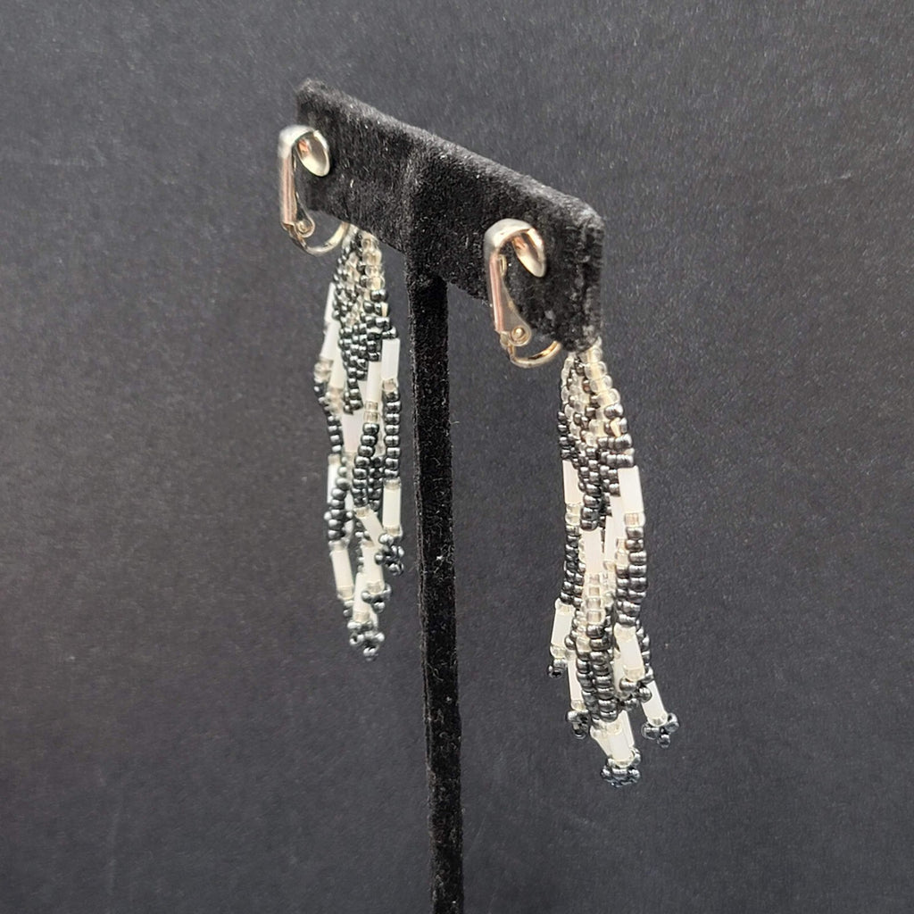 Vintage Clip on Earrings Seed Bead Weaved Dangle 2 3/8"