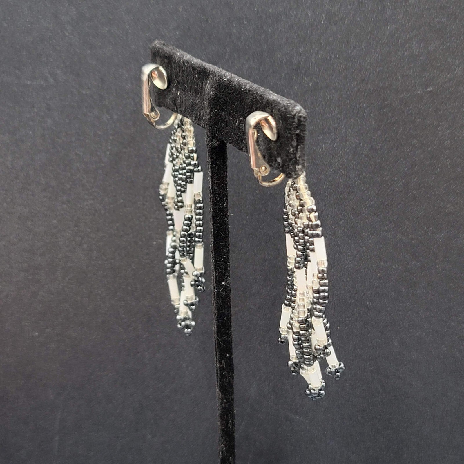 Vintage Clip on Earrings Seed Bead Weaved Dangle 2 3/8"