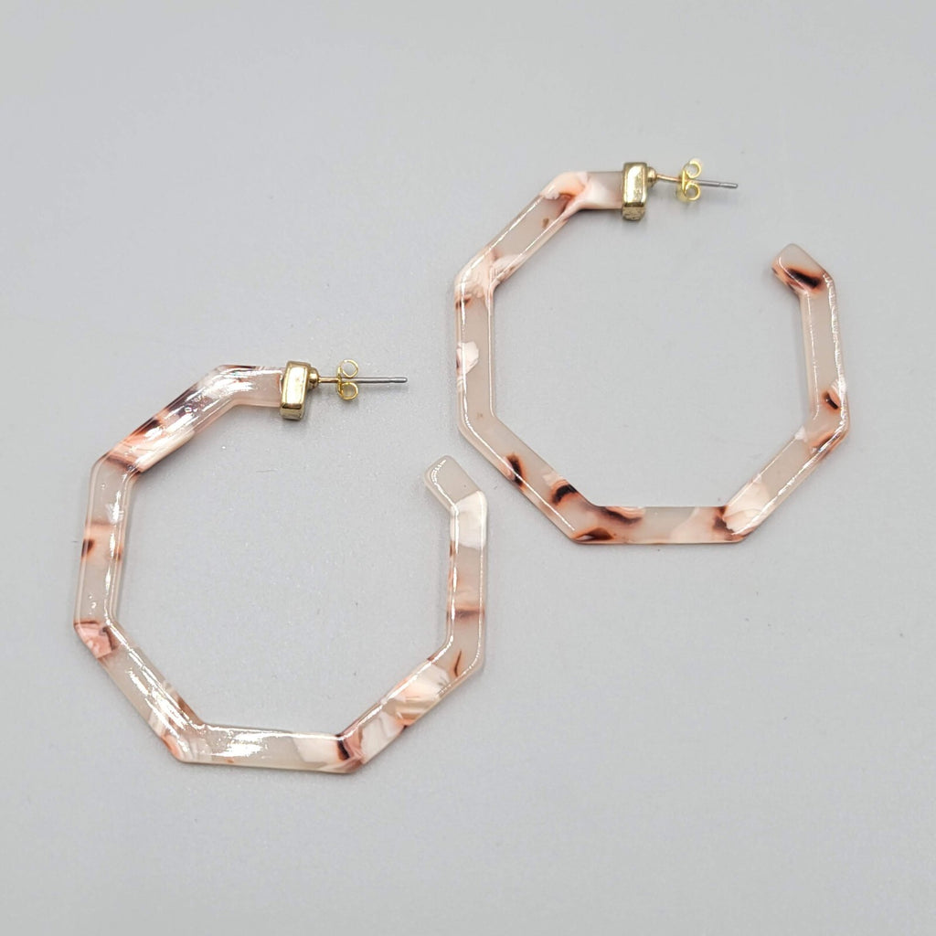 Resin Octagon Hoops Pierced Earrings Pink White Brown Swirl 2"