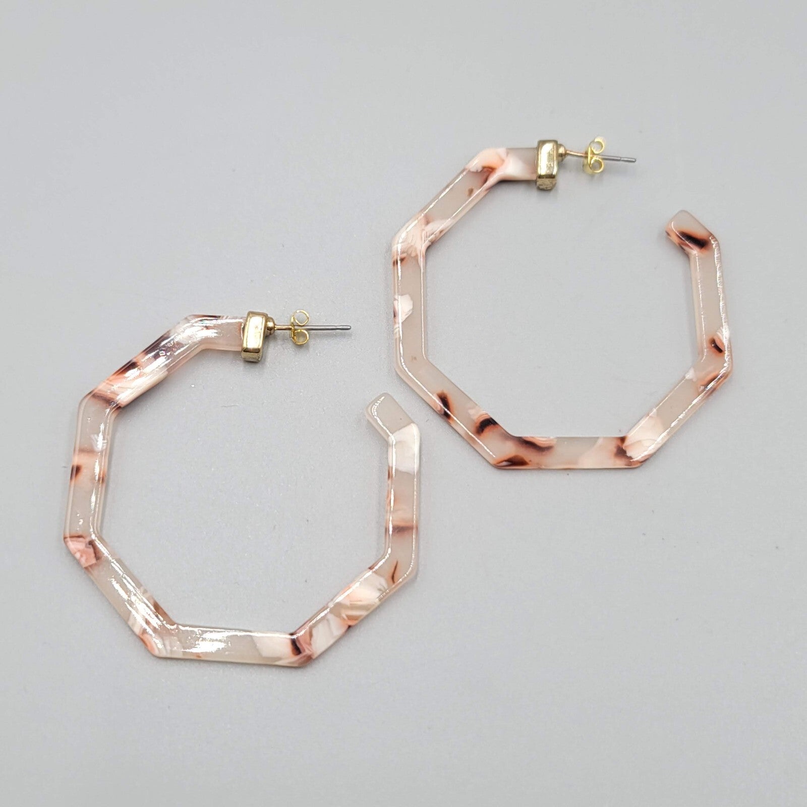 Resin Octagon Hoops Pierced Earrings Pink White Brown Swirl 2"