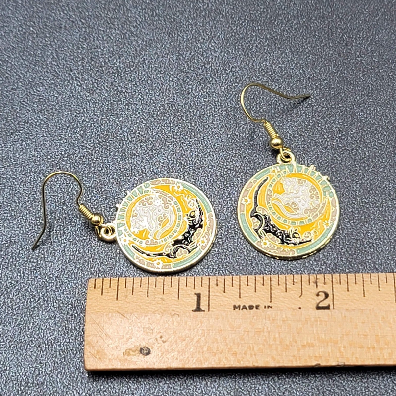 Pierced Earrings Gold tone Enamel Black Cat White Cat Sun Moon Dangle 1"