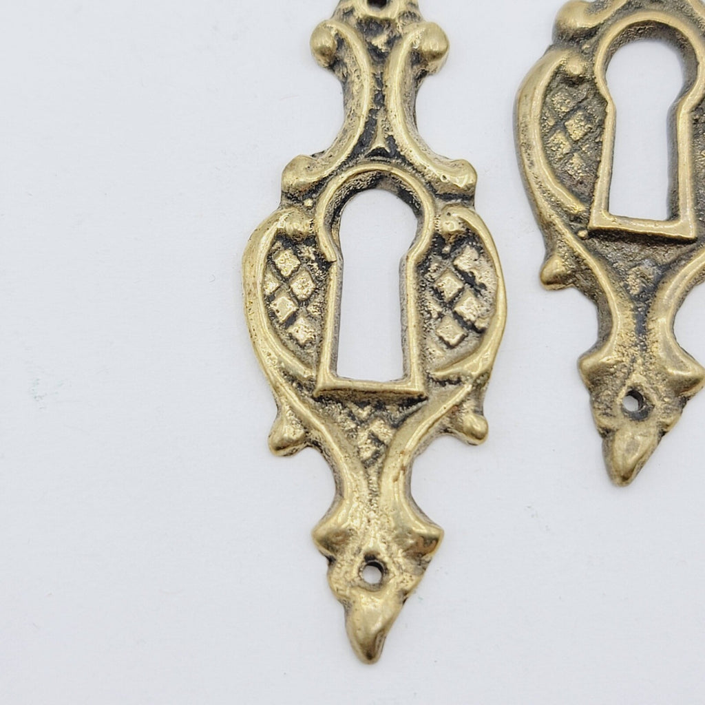 Set of 2  Vintage Oval Brass Skeleton Key hole Escutcheon Salvage Lot 4 Nails