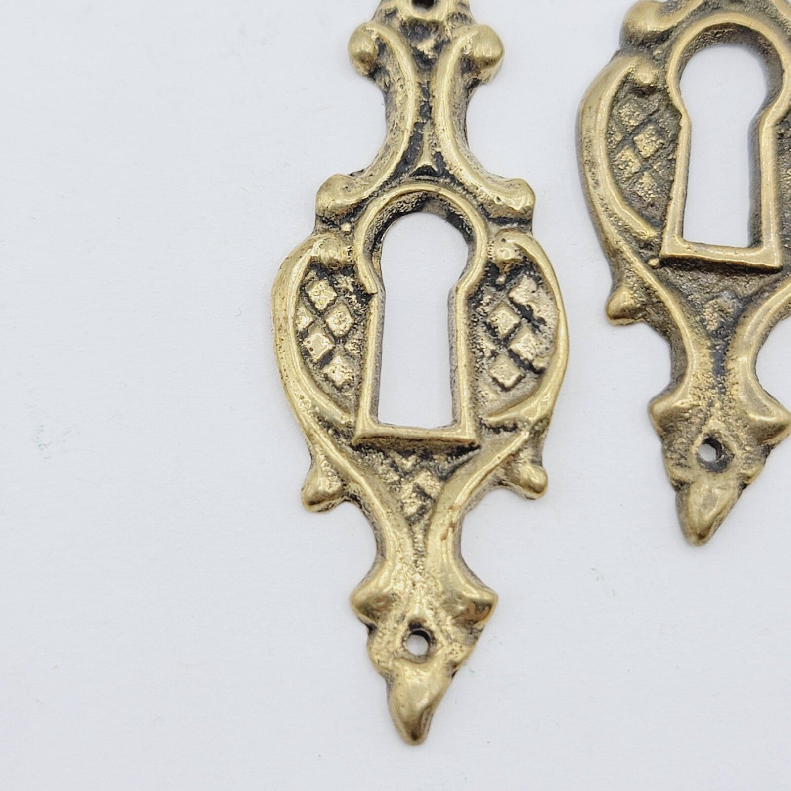 Set of 2  Vintage Oval Brass Skeleton Key hole Escutcheon Salvage Lot 4 Nails