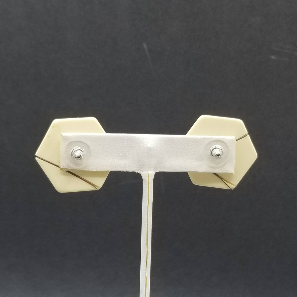 Vintage 1980's Pierced Earrings Cream Acrylic with Gold Line Hexagon Stud 1 1/4"