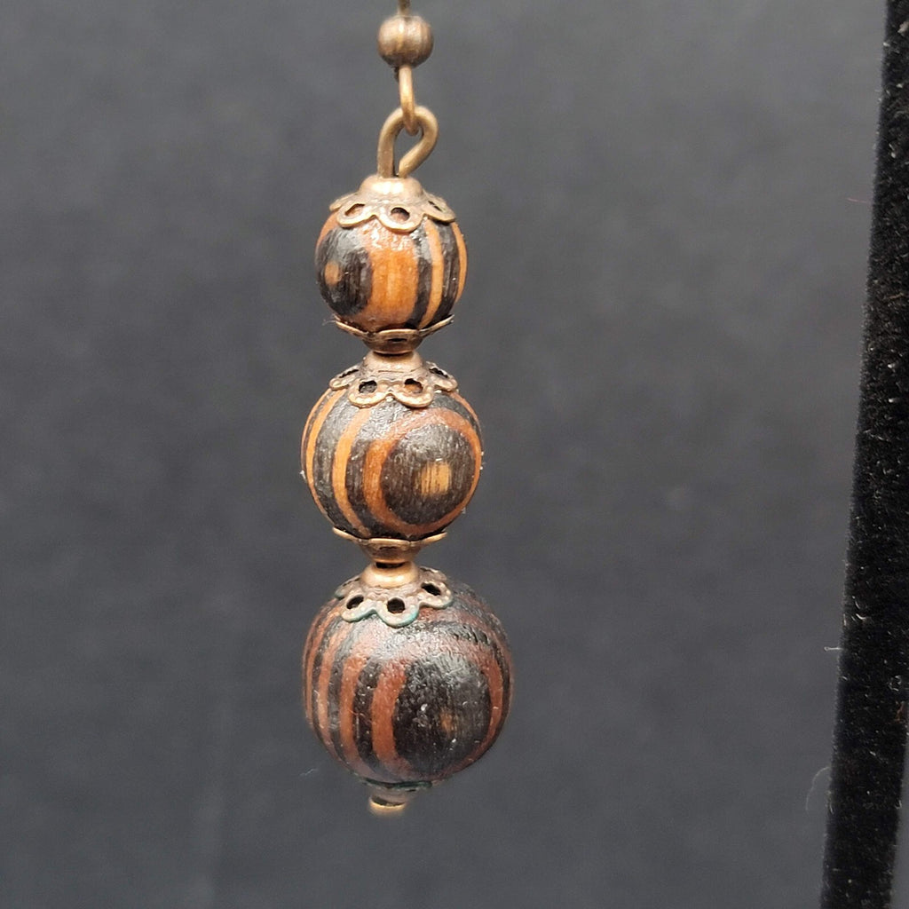 New Boho Pierced Earrings Copper tone Capped Wood Beads Dangle 1.5"