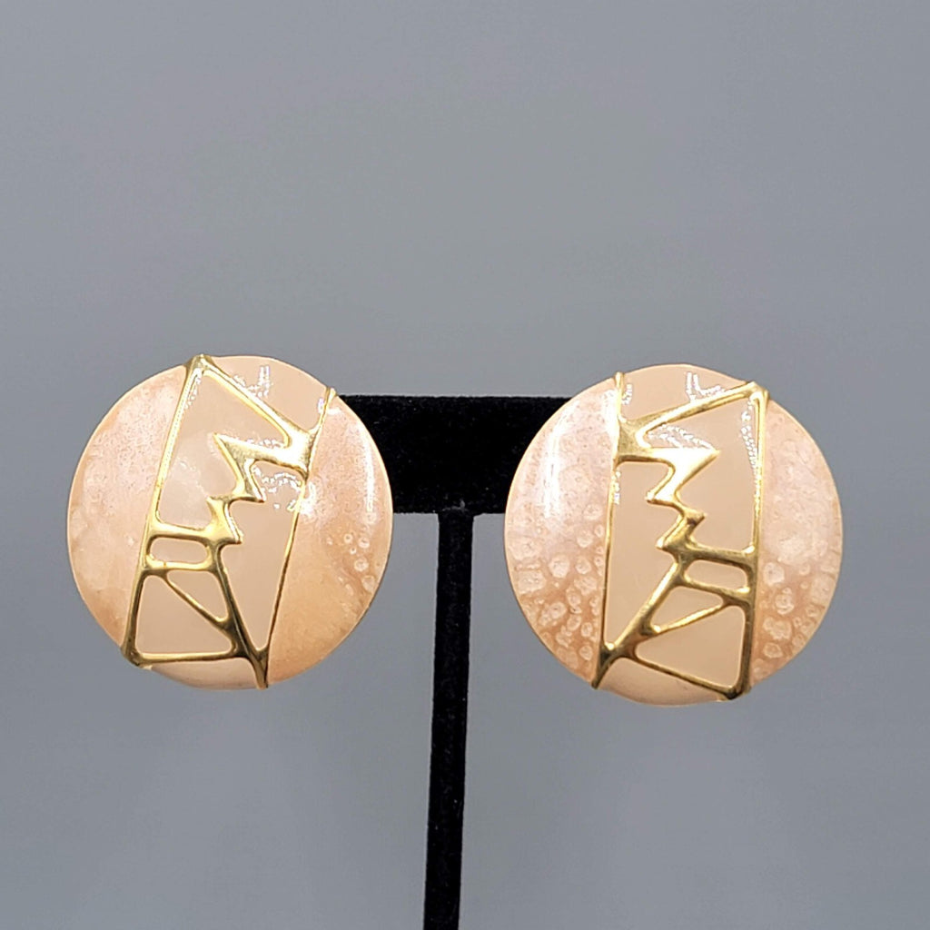 Vintage Pierced Earrings Large Round Peach Enamel 1 5/8"