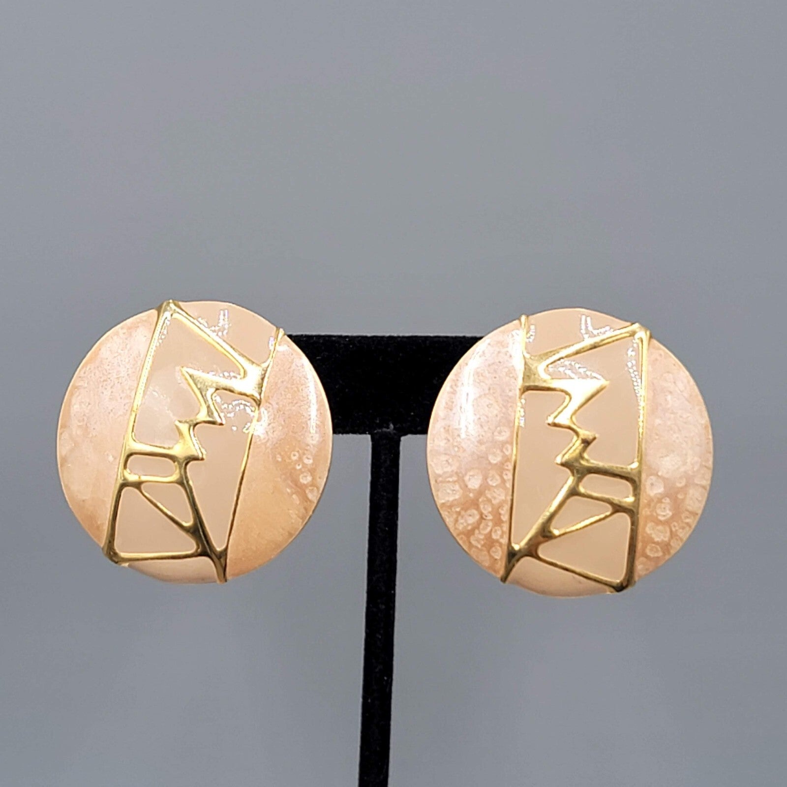 Vintage Pierced Earrings Large Round Peach Enamel 1 5/8"