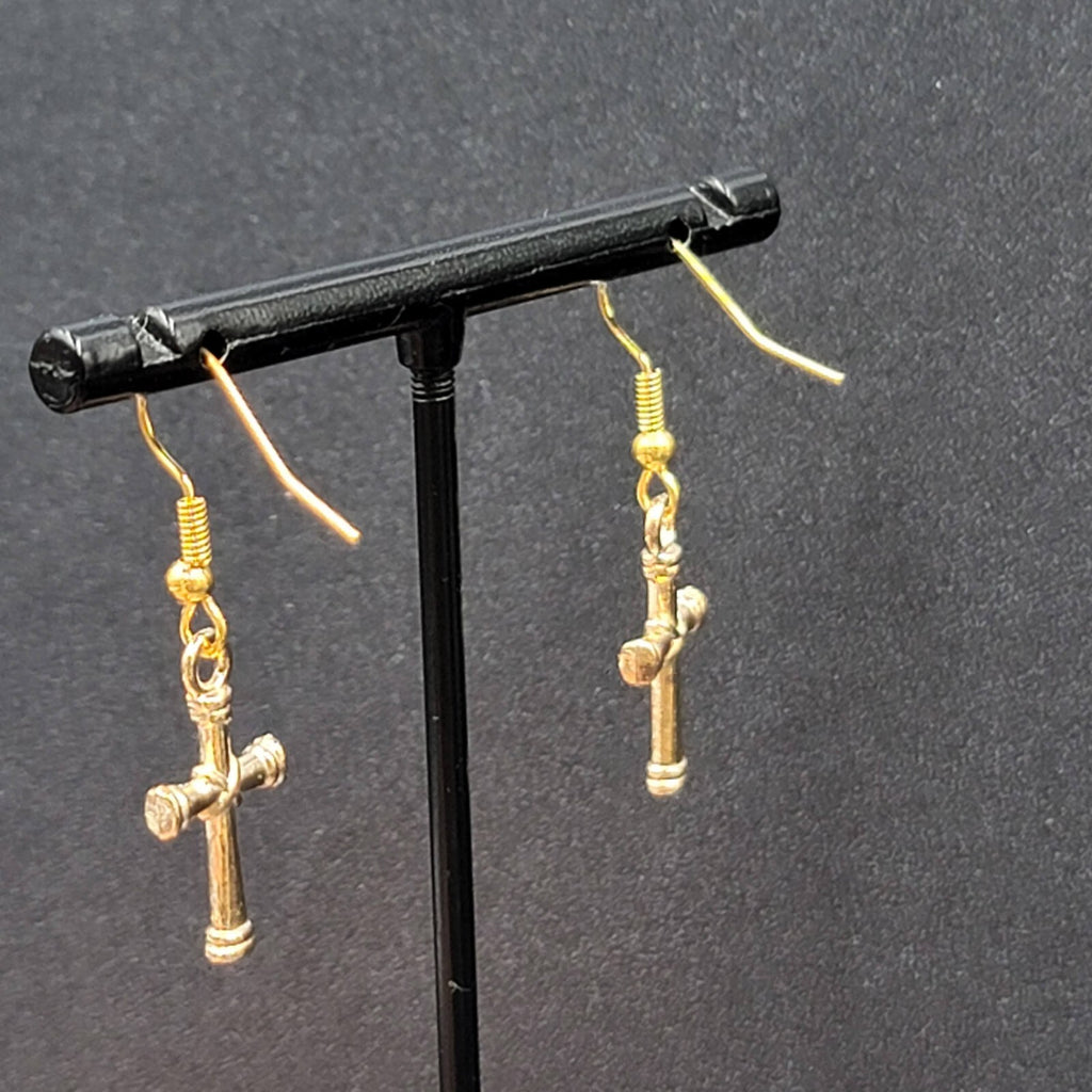 Cross Pierced Earrings Gold tone Dangle 3/4"