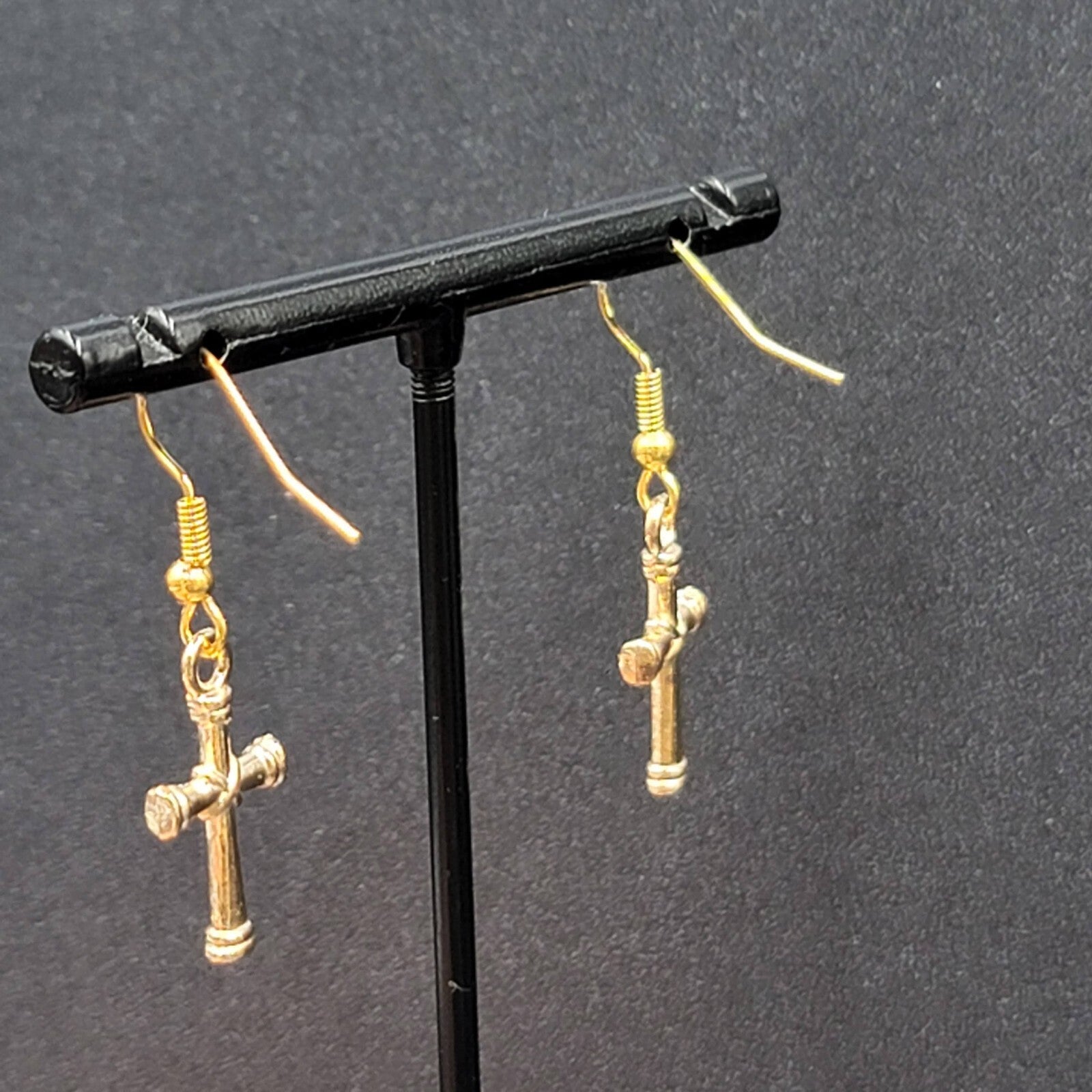Cross Pierced Earrings Gold tone Dangle 3/4"