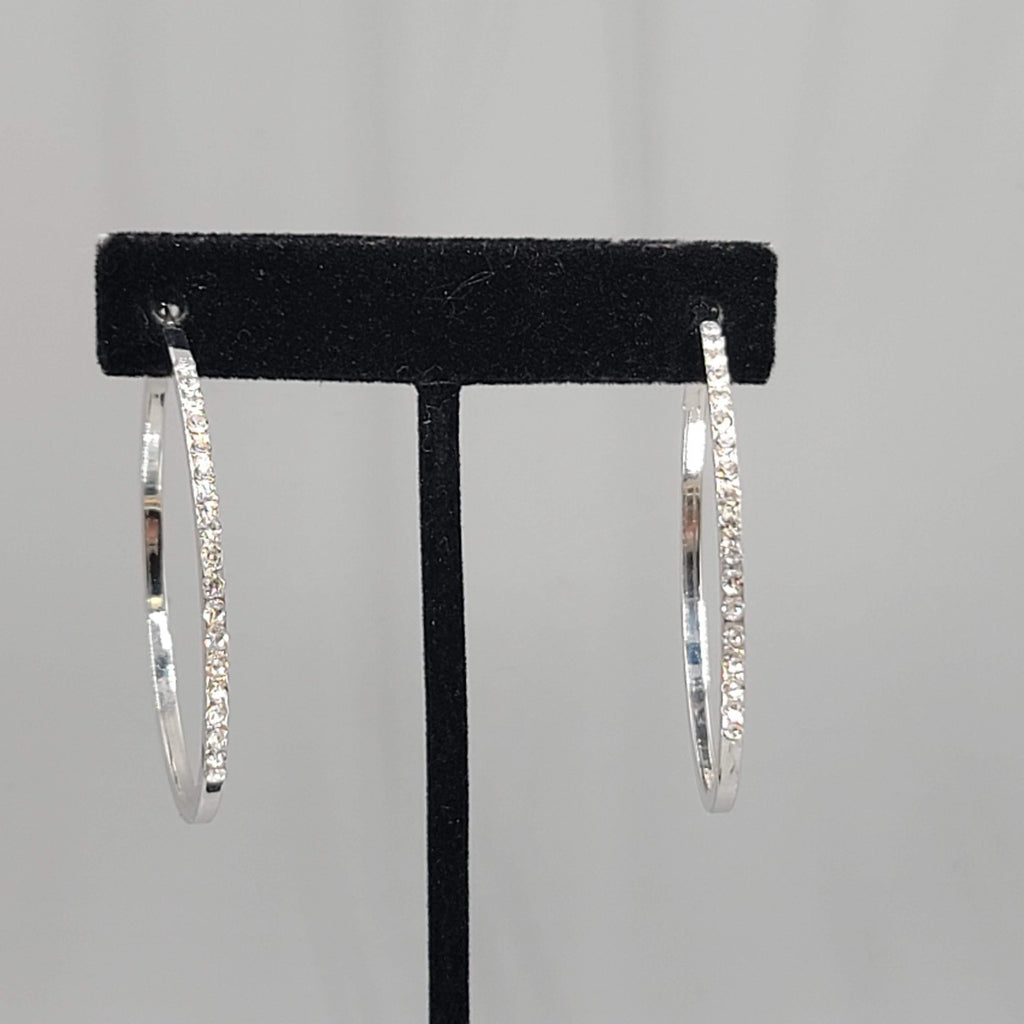 Rhinestone Hoop Pierced Earrings Silver toen Large 1 7/8"