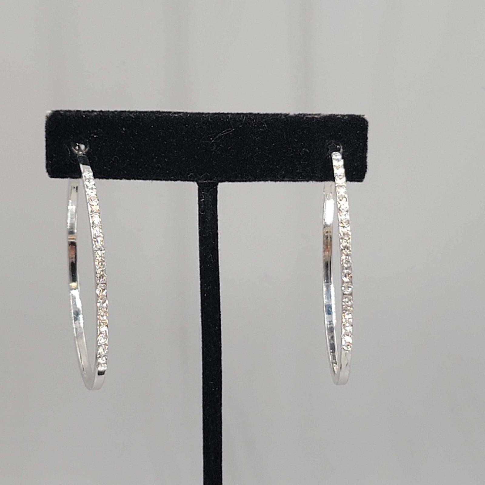 Rhinestone Hoop Pierced Earrings Silver toen Large 1 7/8"