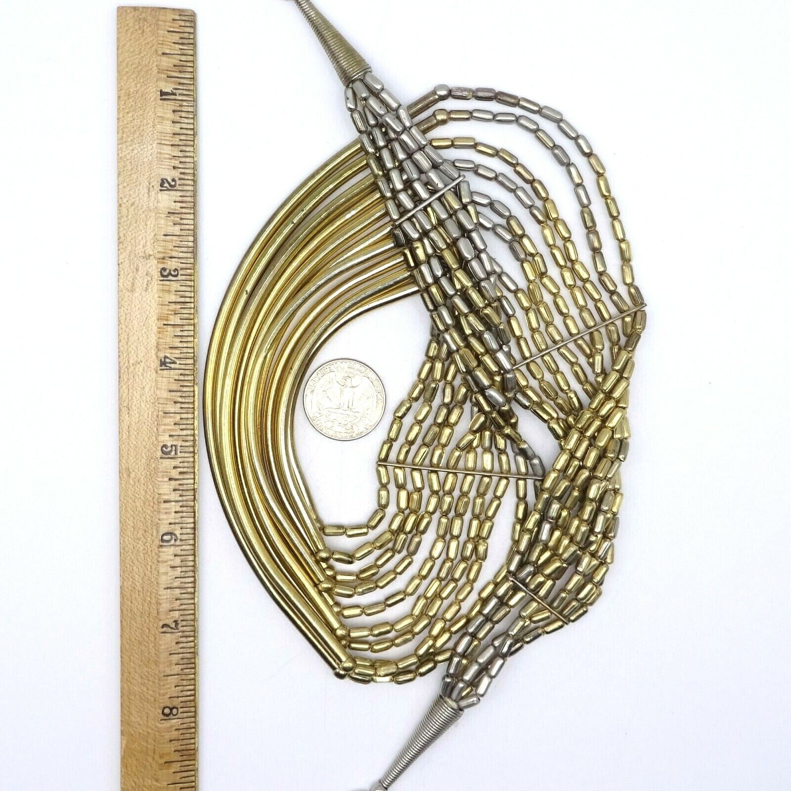 Large Multi Strand Statemet Necklace 18" Two-toned Gold & Silver Metal Beads