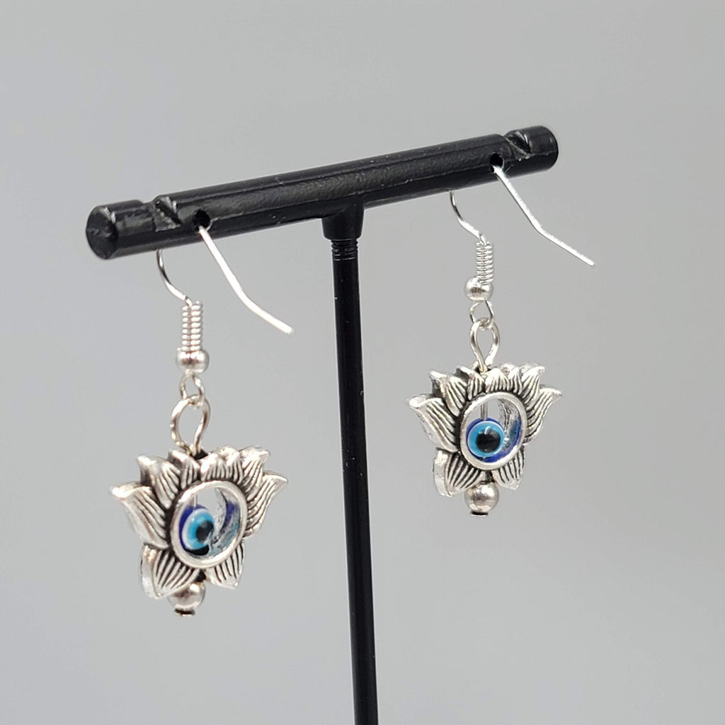 Lotus Flower Evil Eye Pierced Earrings Silver tone Blue Bead Dangle 3/4"