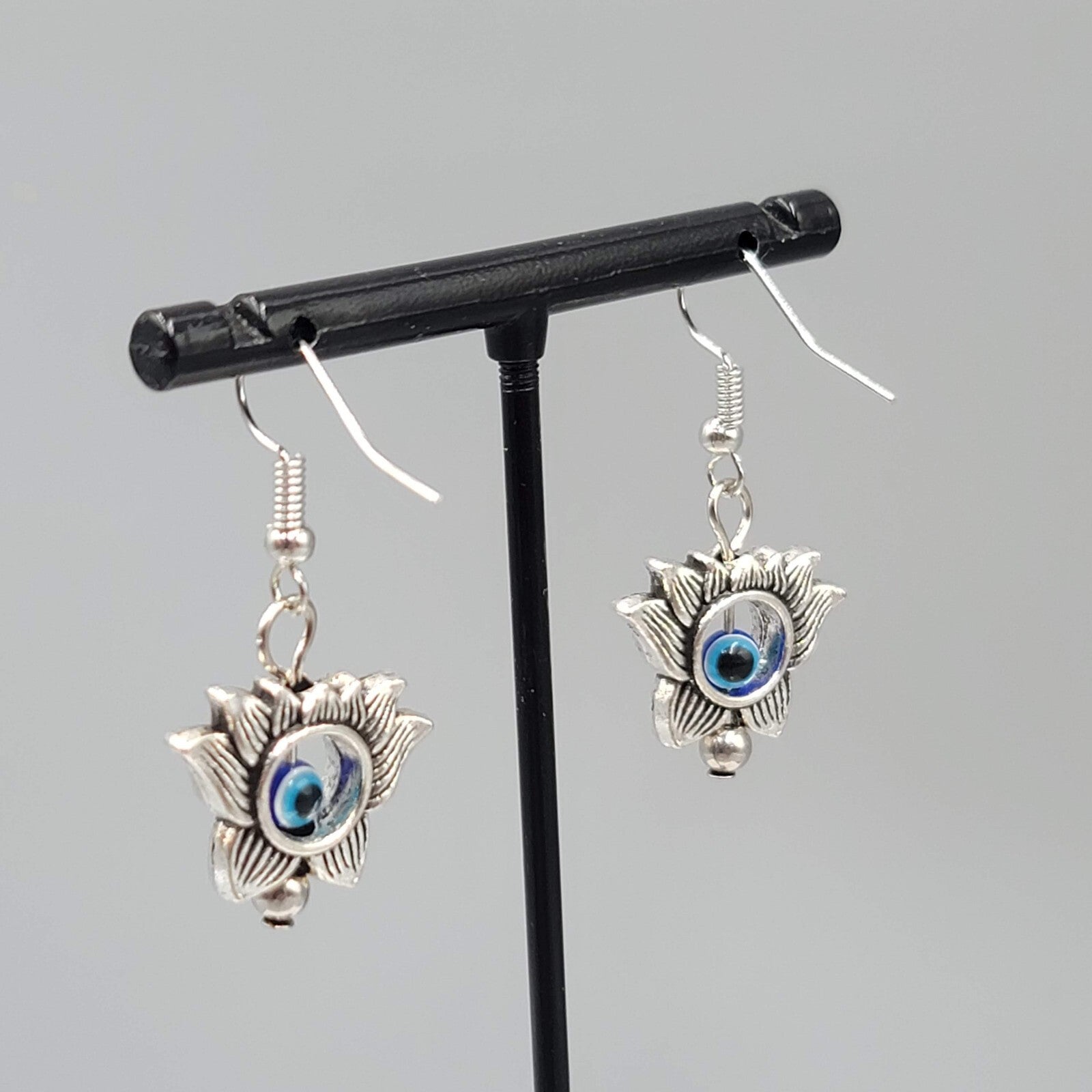 Lotus Flower Evil Eye Pierced Earrings Silver tone Blue Bead Dangle 3/4"