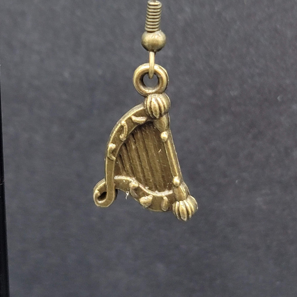 New Harp Pierced Earrings Bronze tone Embossed Dangle 7/8"