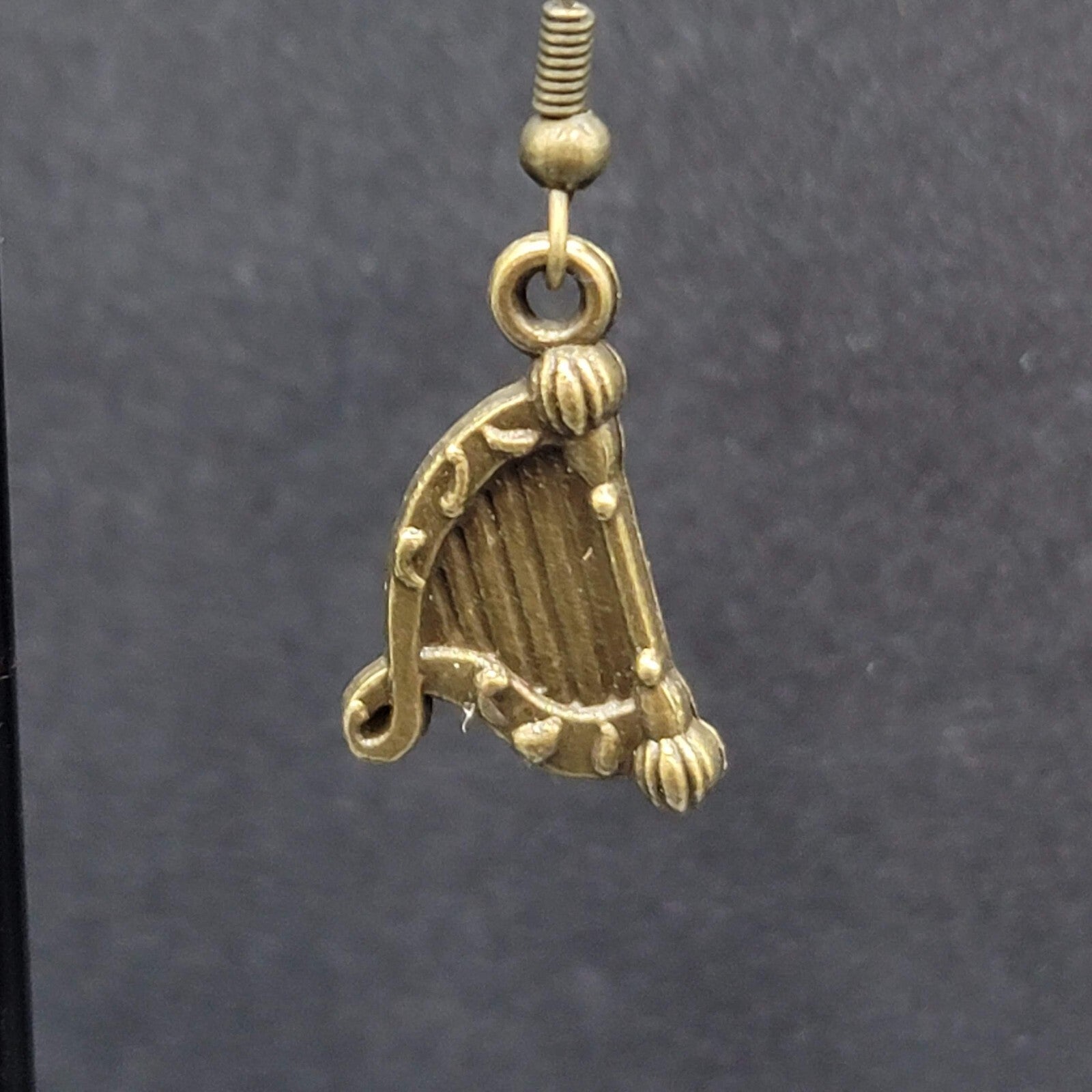 New Harp Pierced Earrings Bronze tone Embossed Dangle 7/8"