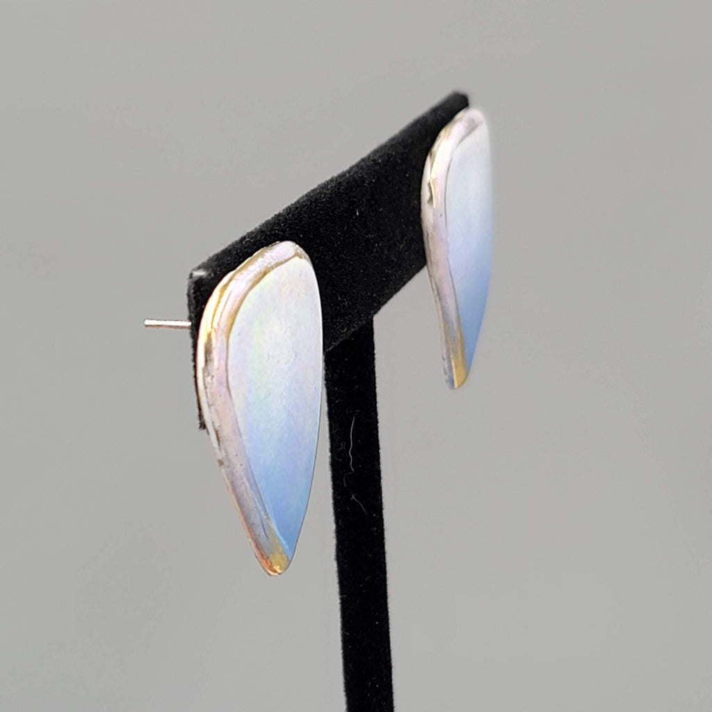 Vintage Ceramic Drop Pierced Earrings Blue Iridescent Enamel 1"