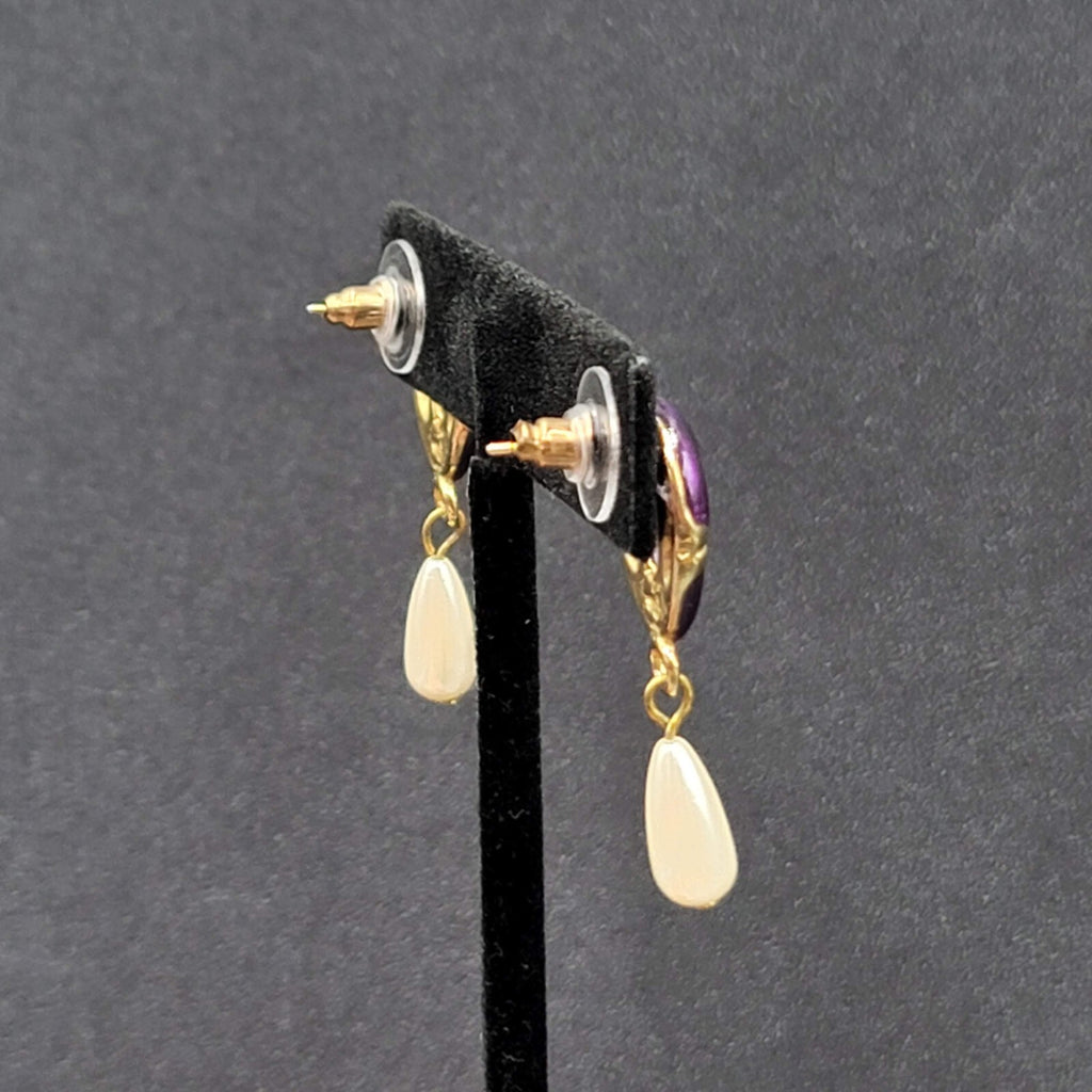 Vintage Pierced Earrings Purple Enamel Faux Pearl Teardrop Signed Dangle 1 3/8"