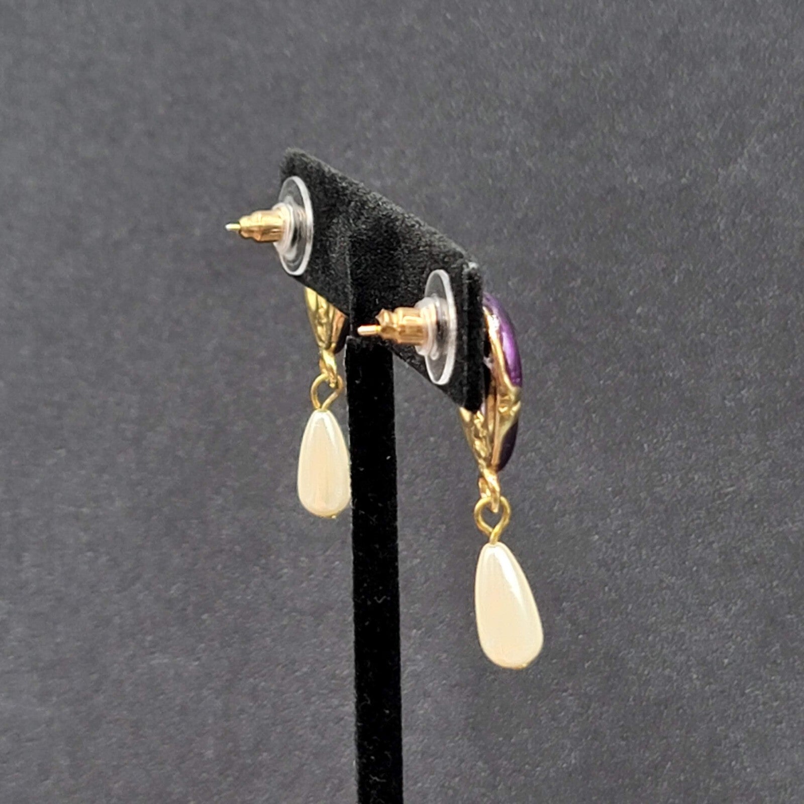 Vintage Pierced Earrings Purple Enamel Faux Pearl Teardrop Signed Dangle 1 3/8"