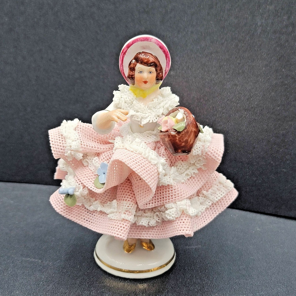 Dresden Porcelain Lace Lady in Bonnet Figurine Flowers 4 in