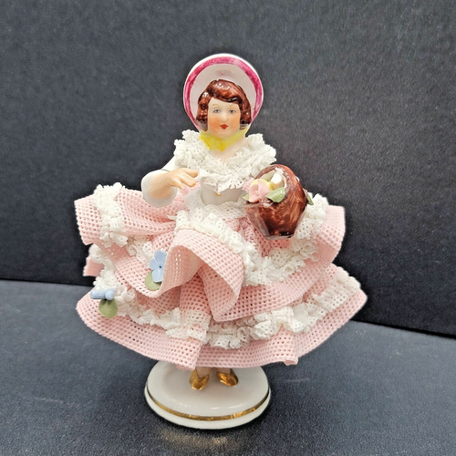 Dresden Porcelain Lace Lady in Bonnet Figurine Flowers 4 in